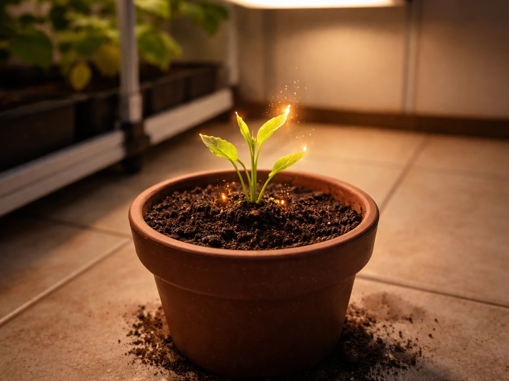 Indoor game farm plot with a small glowing Dragon’s Breath sprout emerging from soil under warm light.