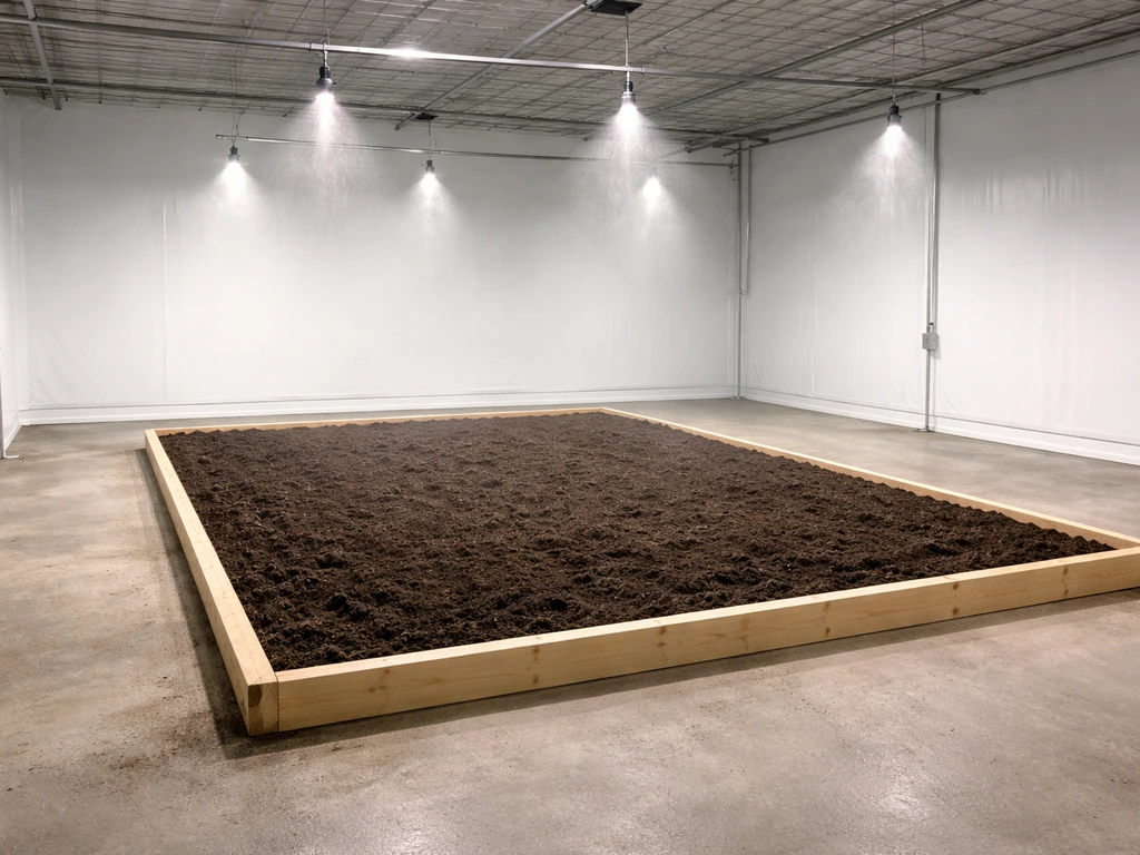 Minimal indoor farm plot with open space around a central soil bed under overhead sprinklers.