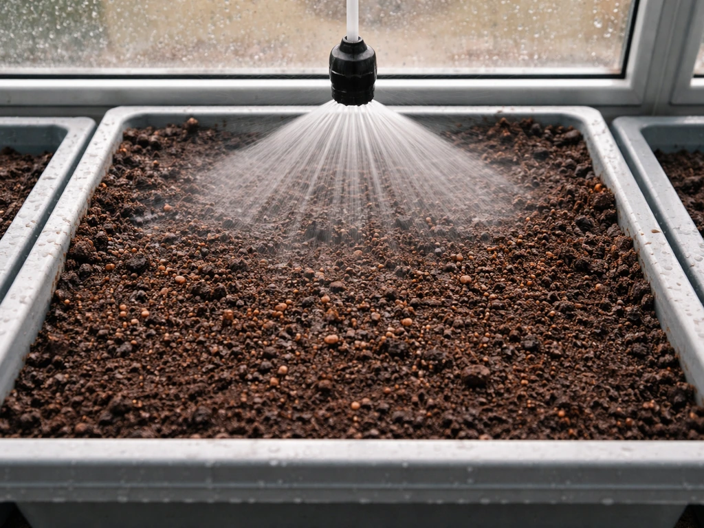 Close-up of a garden plot tile with sprinklers misting water reaching the seed area