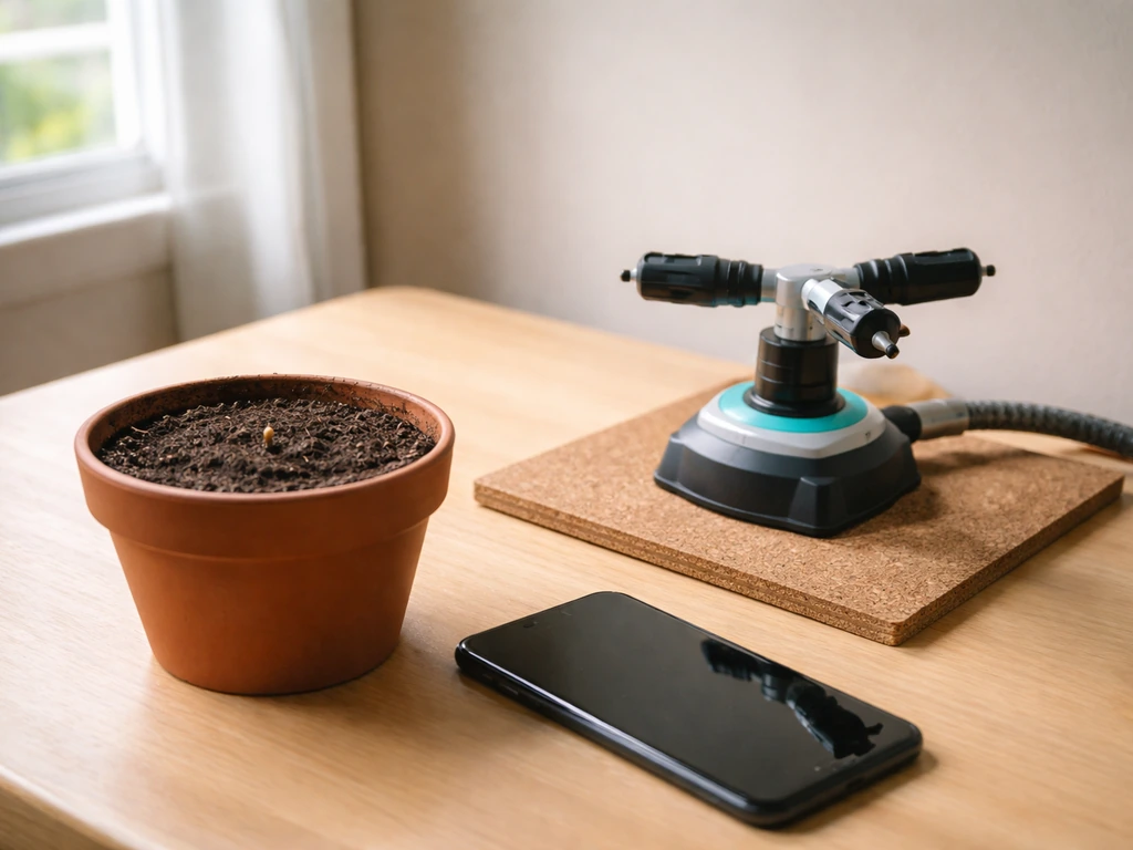 Indoor tabletop test setup with one planted seed, a sprinkler aimed at a plot tile, and a phone for timing.