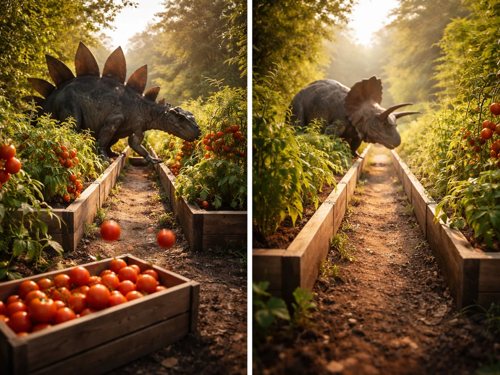 Split-screen garden farm: Stegosaurus-like harvest on one side and Triceratops-like plant growth on the other.