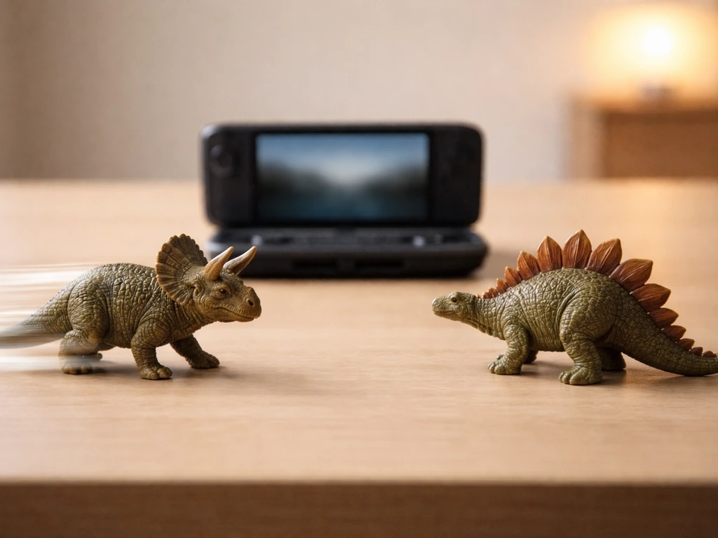 Toy Triceratops and Stegosaurus beside a handheld game device on a plain desk, light trails suggest faster cycles.