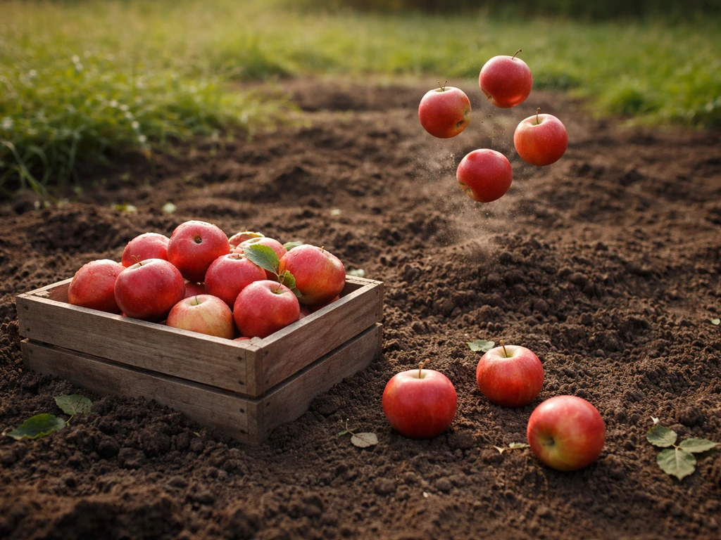 A harvested apple patch where a few extra apples pop from one harvest spot, showing duplication.