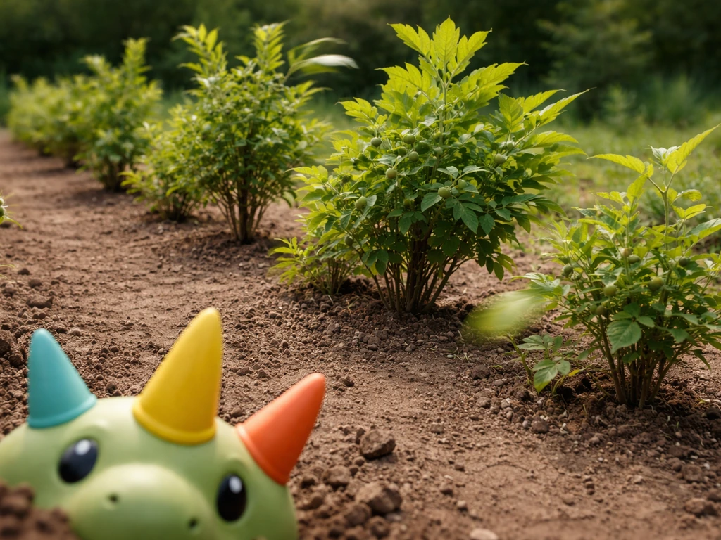 Mid-growth farm plants with a visible time-jump look, several plants suddenly greener as if selected.