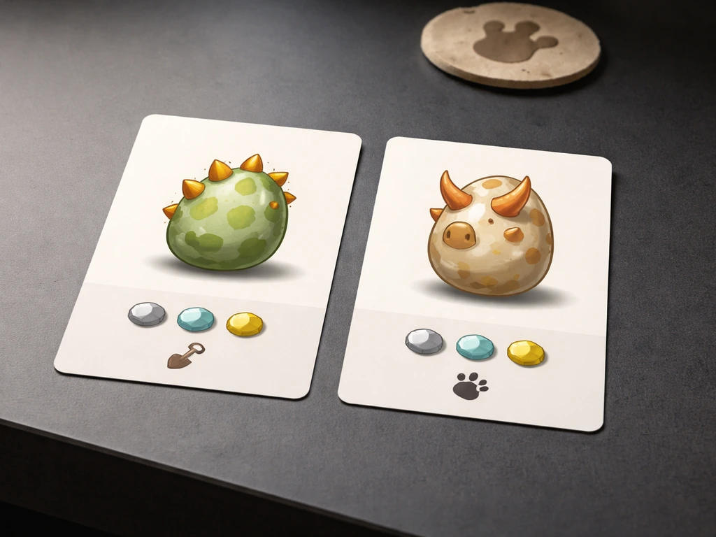 Minimal desk scene with two side-by-side dinosaur egg cards and icon-like chips implying a comparison.