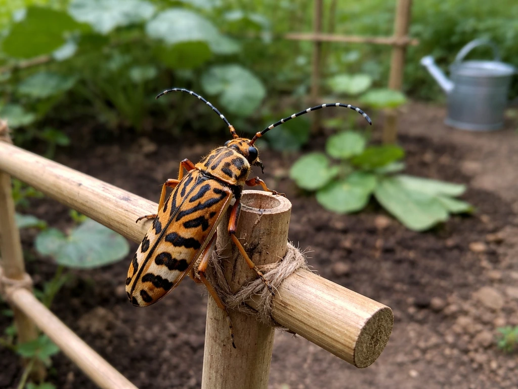Striking garden tiger bug perched in a simple outdoor garden farming setup with lush greenery