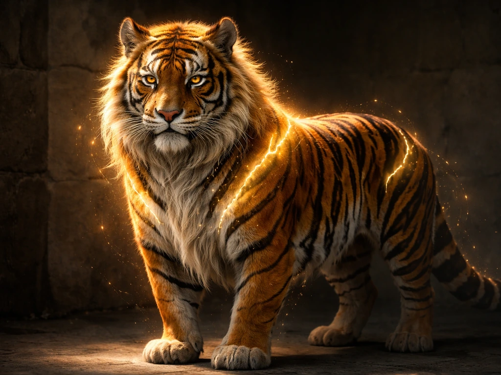 A distinctive tiger-pattern creature with glowing markings on a dark fantasy floor, showing easy identification.