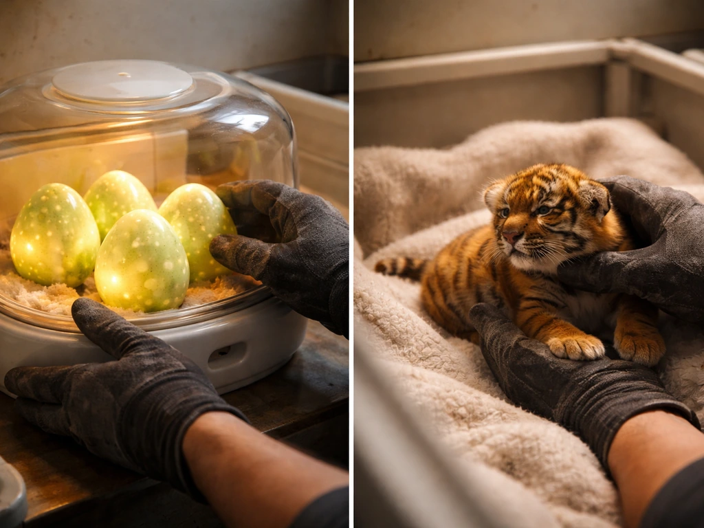 Gloved hands placing glowing Jungle Eggs into an incubator, then moving a newly hatched tiger cub into a warm pen