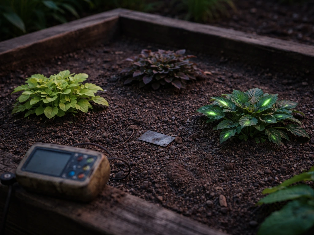Minimal garden bed at dusk with three subtle glowing seed pods suggesting a timed mutation swap mechanic.