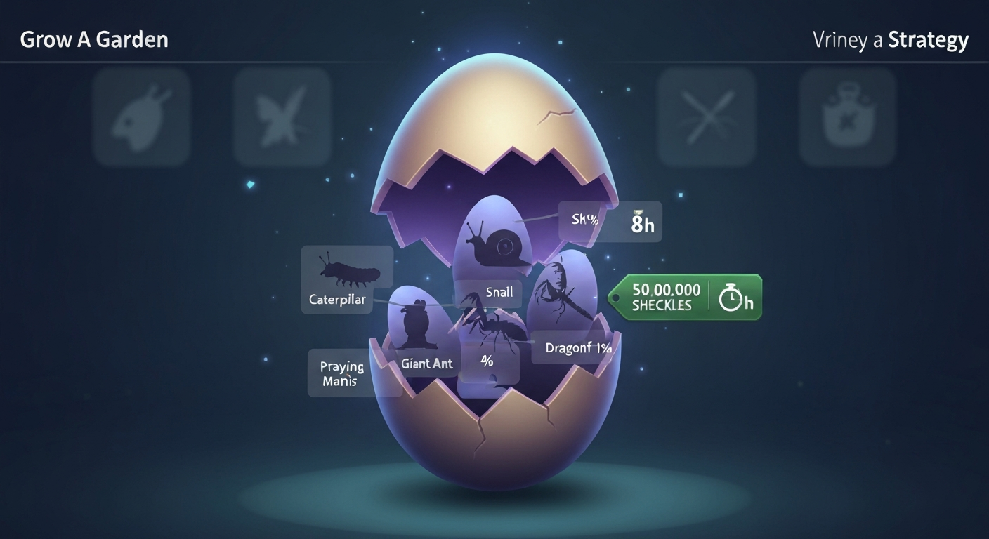Stylized game-art hero: a glowing cracked Bug Egg revealing silhouettes of Caterpillar, Snail, Giant Ant, Praying Mantis, and Dragonfly with hatch percentages and a 50,000,000 Sheckles price tag; 8h hatch timer icon.