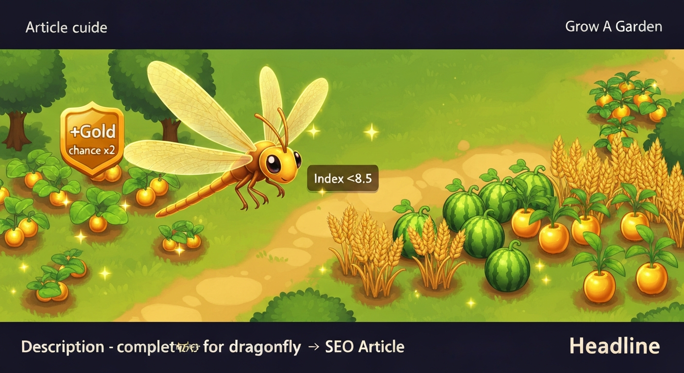 Banner illustration of a Golden Dragonfly above a garden with gold crops and a +Gold chance UI badge.