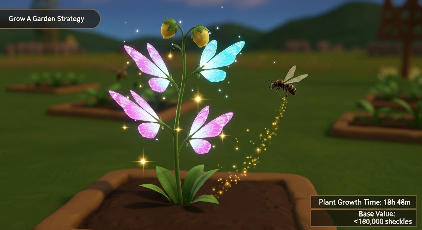 In-game style render of a Wispwing crop in a garden plot: glowing butterfly-wing fruits, a hovering Wasp pet applying golden pollination dust, and UI overlays for growth time and base value.