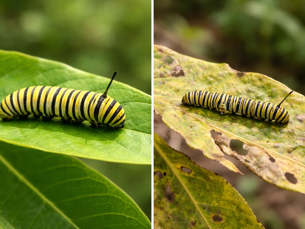 Side-by-side caterpillars: one well-fed on fresh leaves, the other thin and stressed on browning leaves.