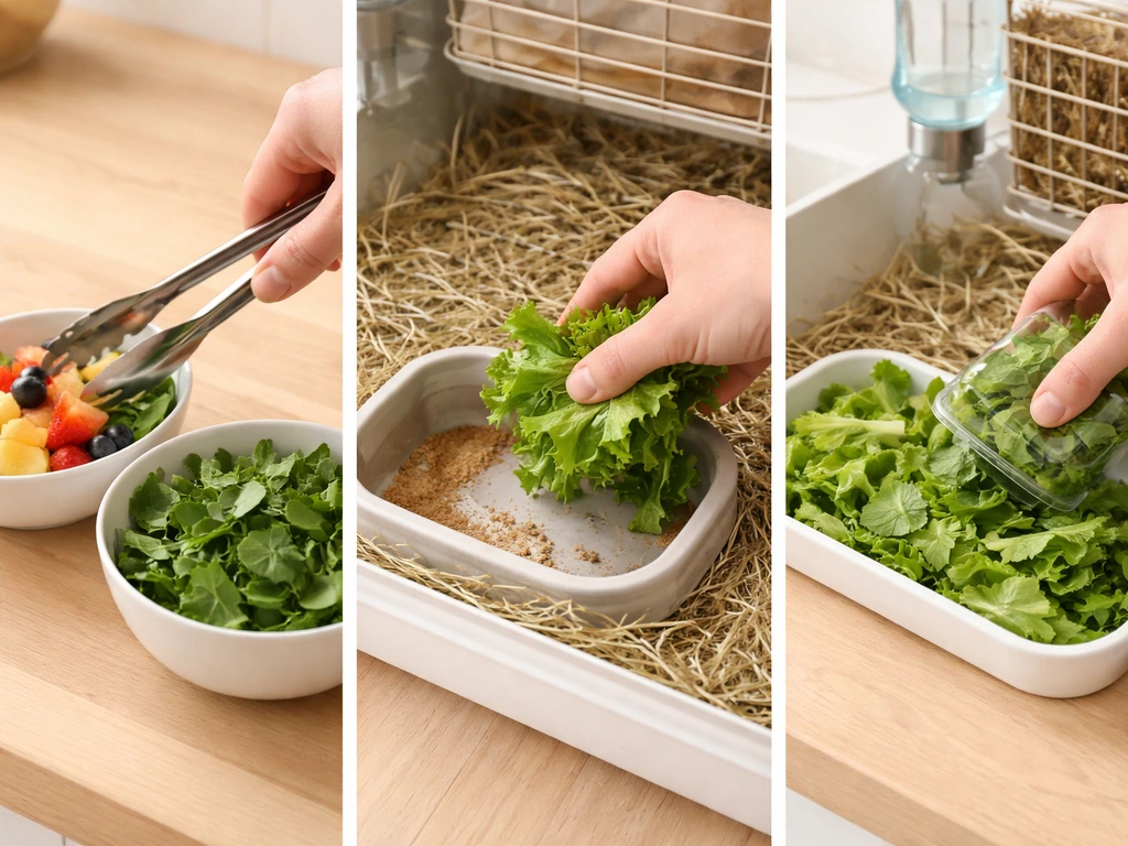 Three close-up scenes showing incorrect and corrected pet-feeding routines with simple hand actions and food items.