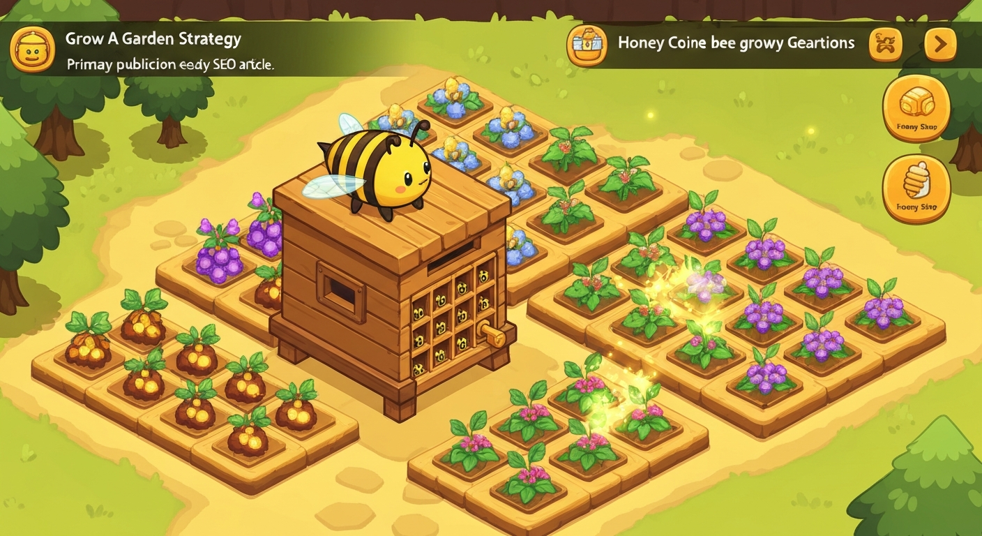 Isometric Honey Garden hero image showing Queen Bee on a hive, pollinated crops, and the Honey Compressor
