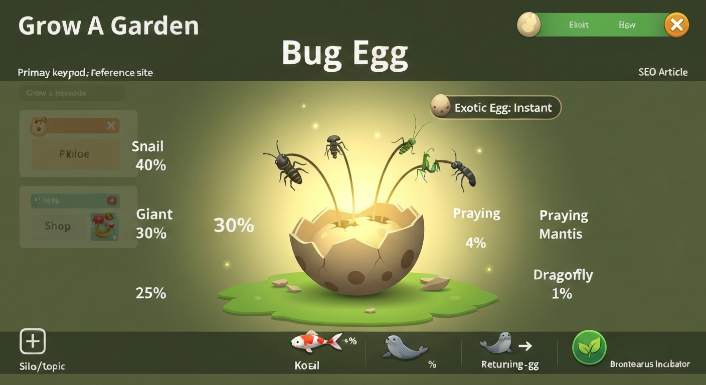 Stylized banner of a cracked Bug Egg revealing five creatures (Snail 40%, Giant Ant 30%, Caterpillar 25%, Praying Mantis 4%, Dragonfly 1%), with small icons for Koi, Seal, and Brontosaurus mechanics and an 'Exotic Egg: Instant' badge.