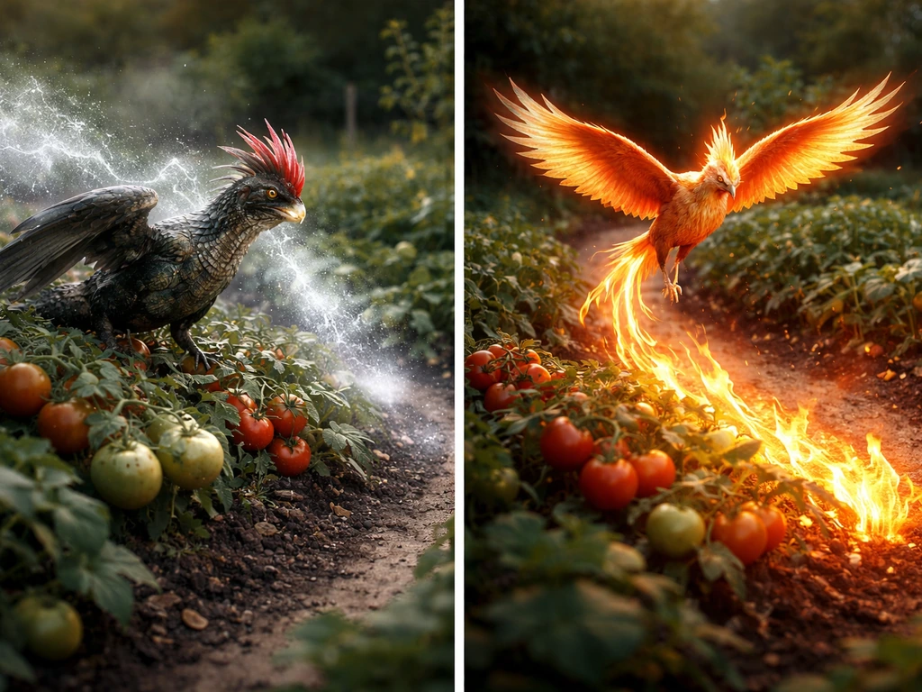 Split-screen: a cockatrice silvery effect on fruits vs a phoenix igniting crops with flames.