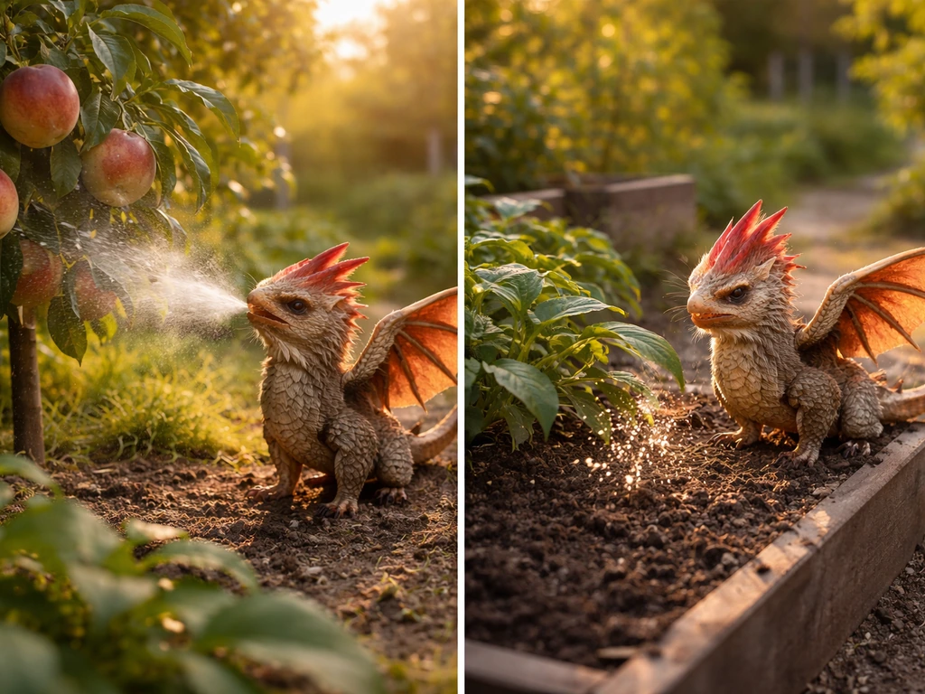 Wyvern-like cockatrice near fruit trees, with a silvery burst striking nearby fruit and a second garden action.