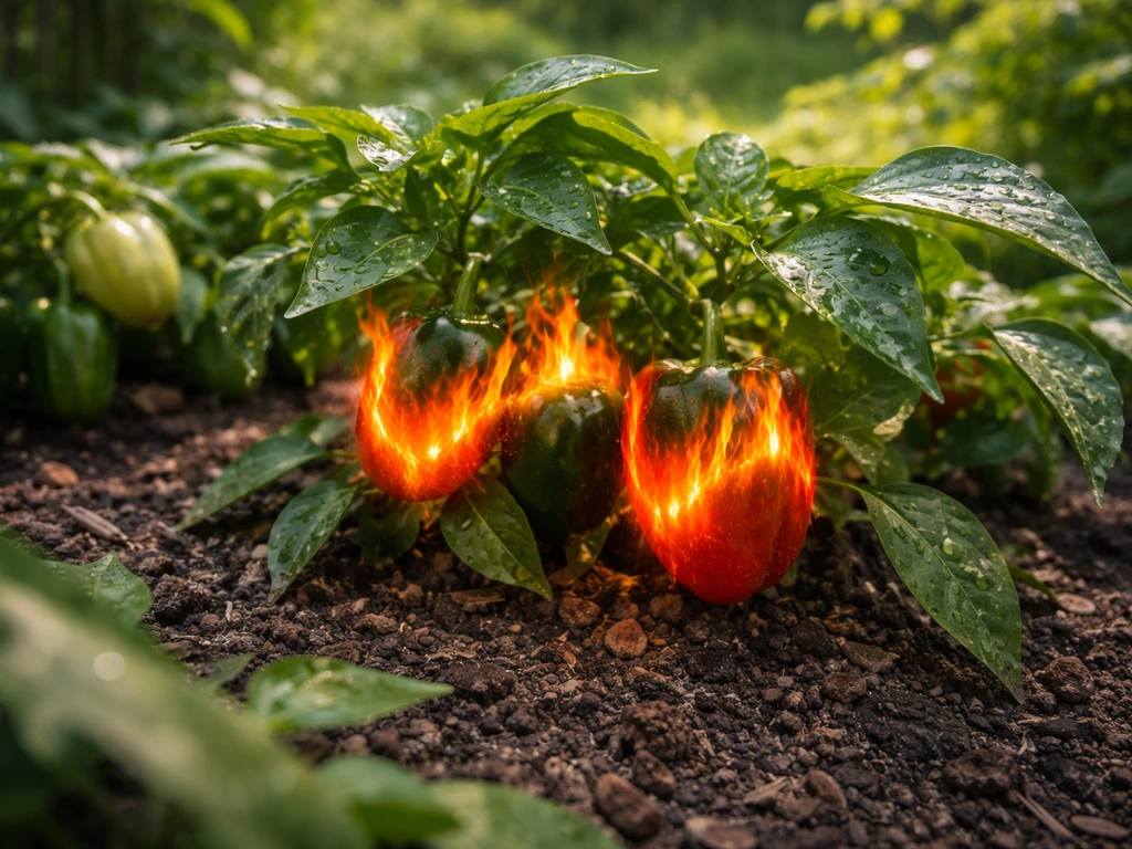 Close-up of crops with a bright flaming mutation glow on a few fruits in a small garden bed.