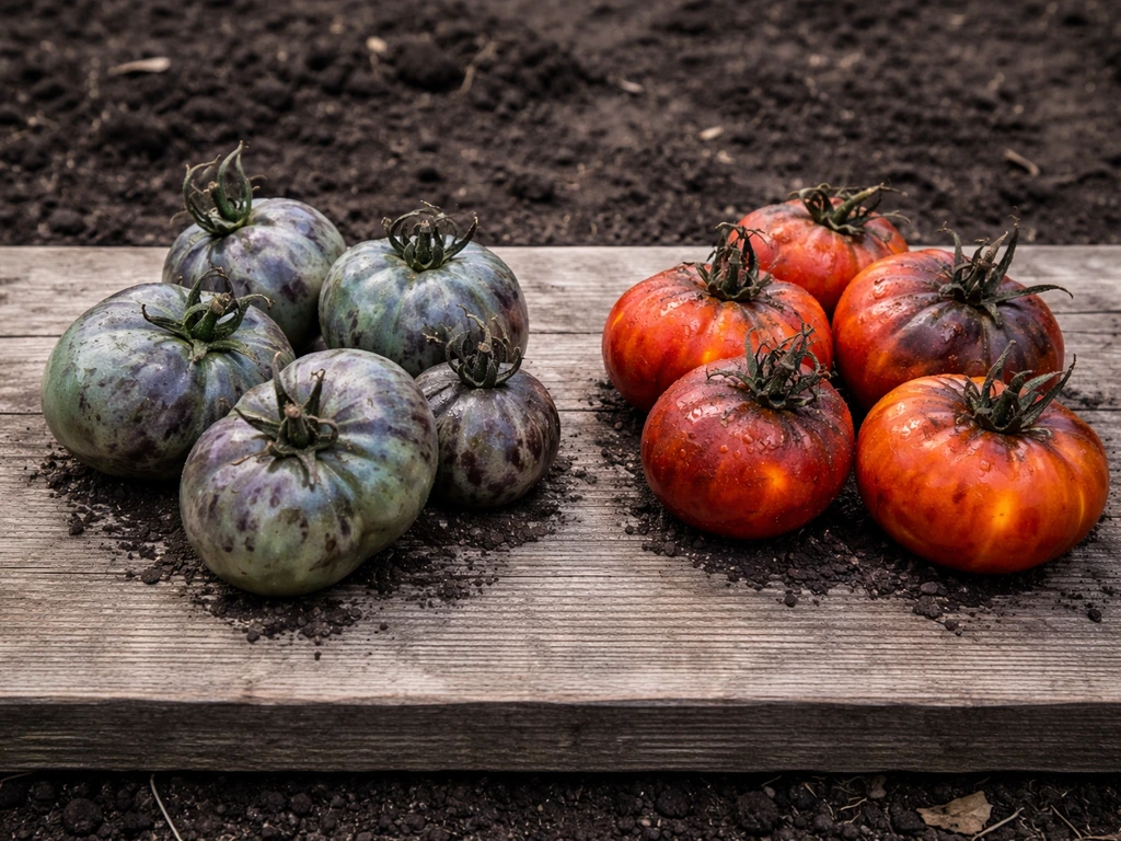 Side-by-side mutated fruits on a wooden board showing cool silver tones vs warm flaming tones.