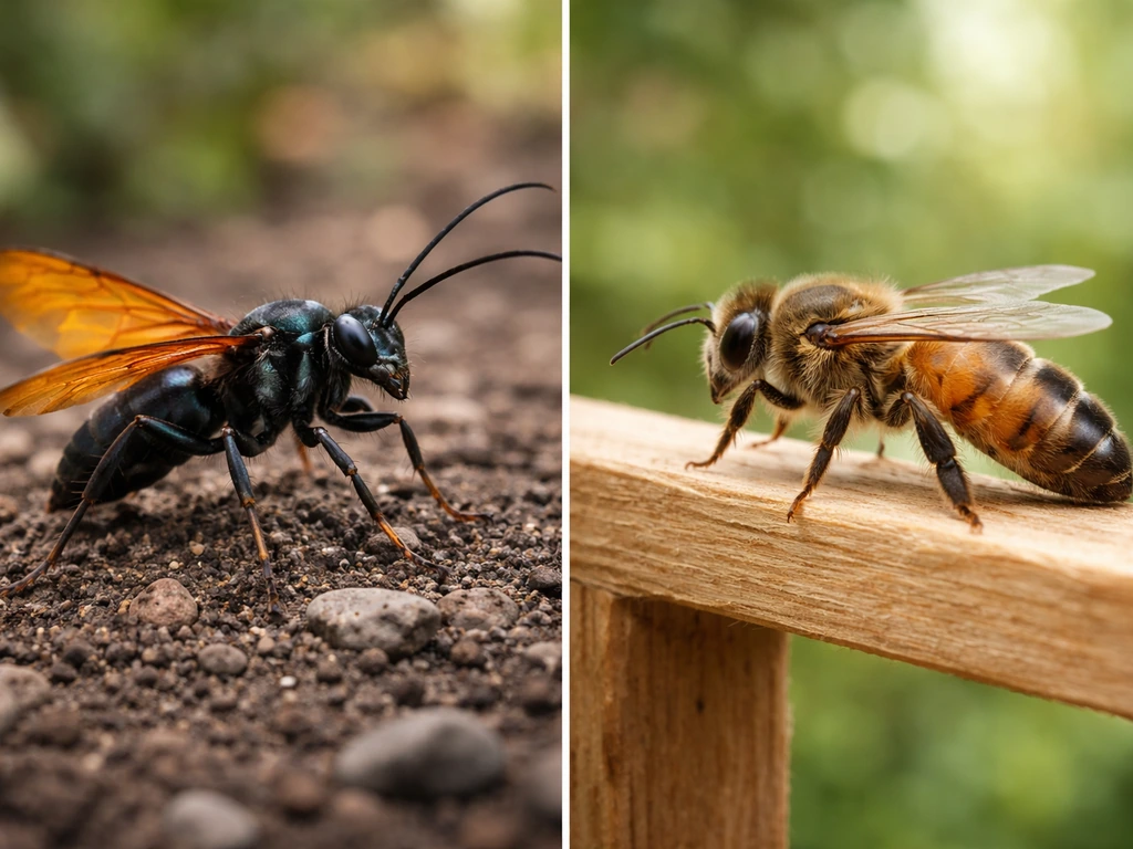 Split-screen: tarantula hawk on soil vs queen bee near garden foliage, minimal natural light.