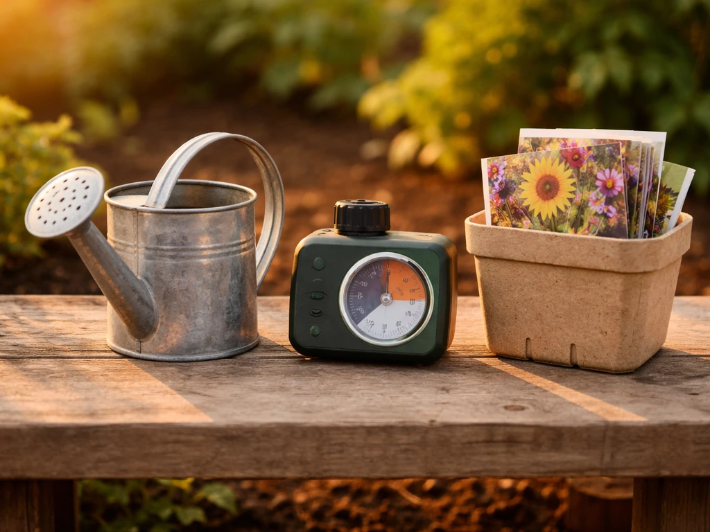 Garden workbench with watering can, small timer device, and seed container suggesting quick gardening choices