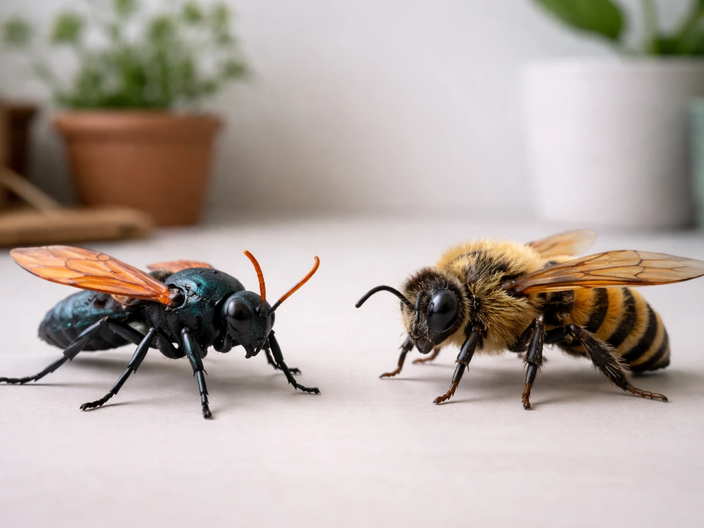 Minimal side-by-side view of two insect-themed figurines on a desk, symbolizing tarantula hawk vs queen bee comparison.