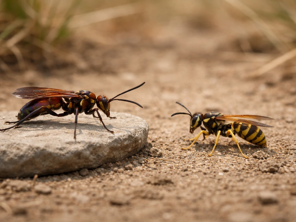 Tarantula hawk wasp and a common wasp side by side on a stone with natural outdoor background.