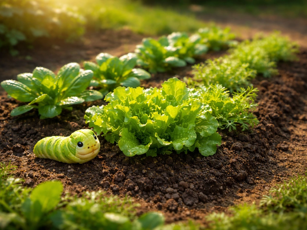 In-game garden bed where leafy crops near a caterpillar pet look fuller and faster-growing.