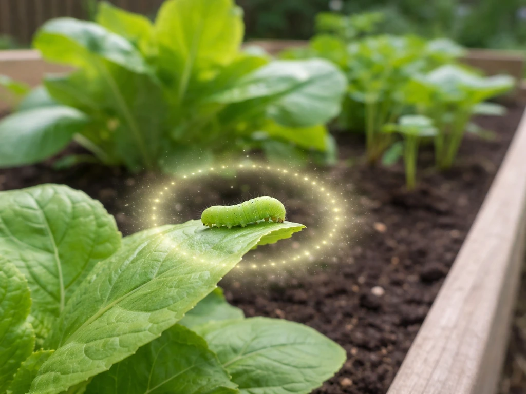 Green caterpillar on a leaf beside leafy plants, with a subtle circular glow suggesting it speeds growth.