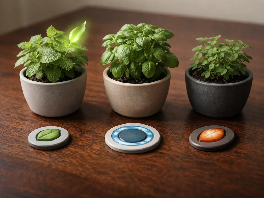 Minimal photo of leafy plants with icon tokens and a subtle glow showing conditions for a growth boost.
