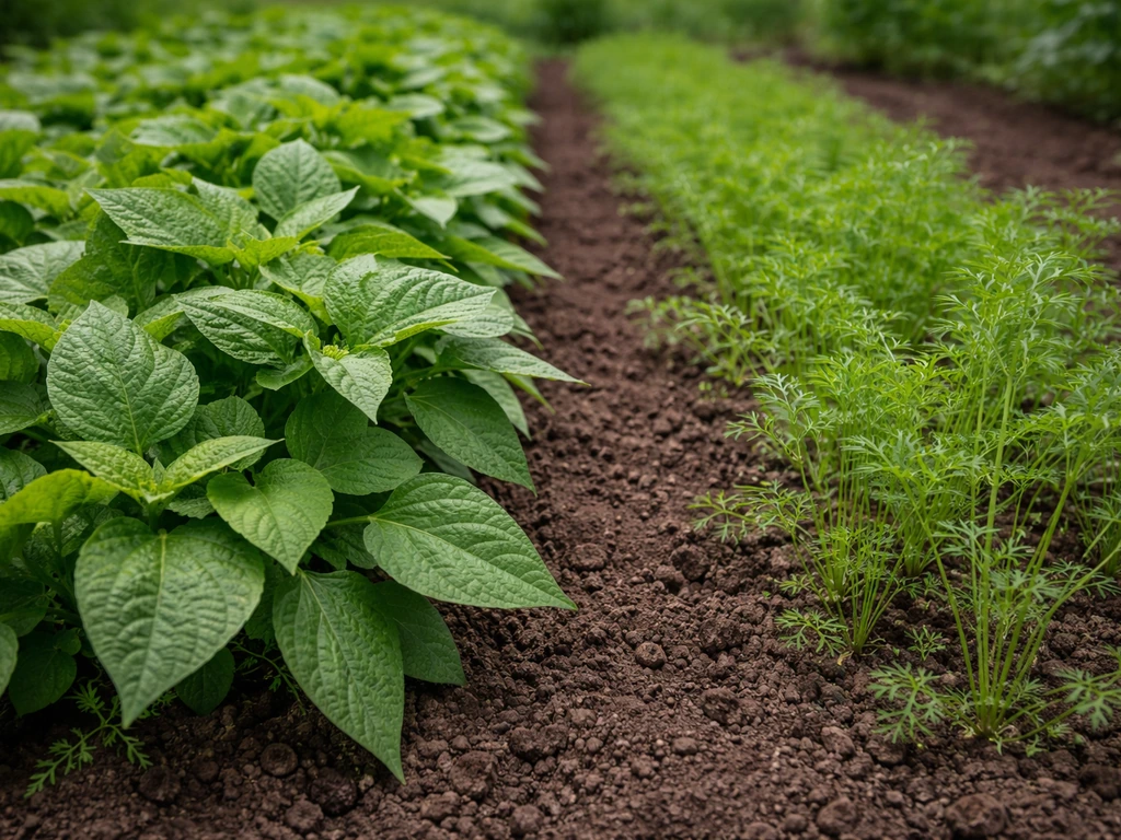Close-up of two neighboring plant types, one visibly leafy and one more vine-like, in a simple garden bed.