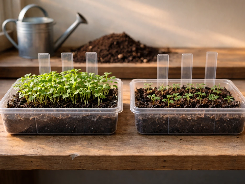 Side-by-side seedling trays showing faster leafy growth in one tray with simple unlabeled stage markers.