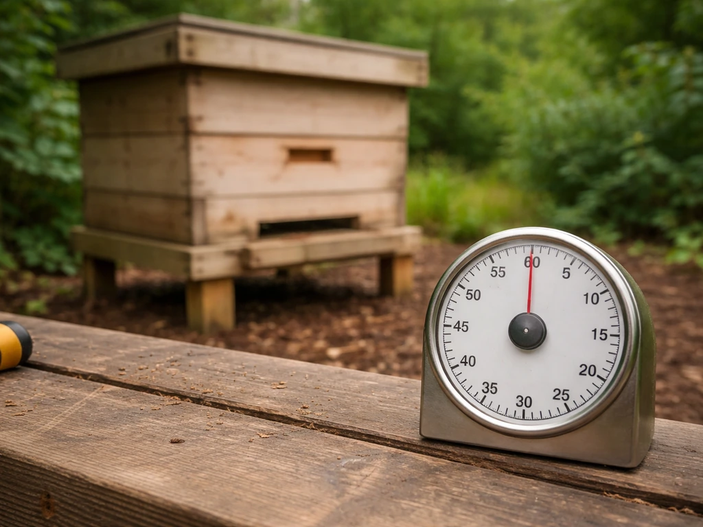 Close-up of a mechanical timer at zero with a small beehive entrance, bees not emerging