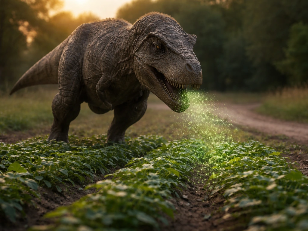 A lone T-Rex on a small crop patch releases glowing spores onto leaves in a minimal field scene.