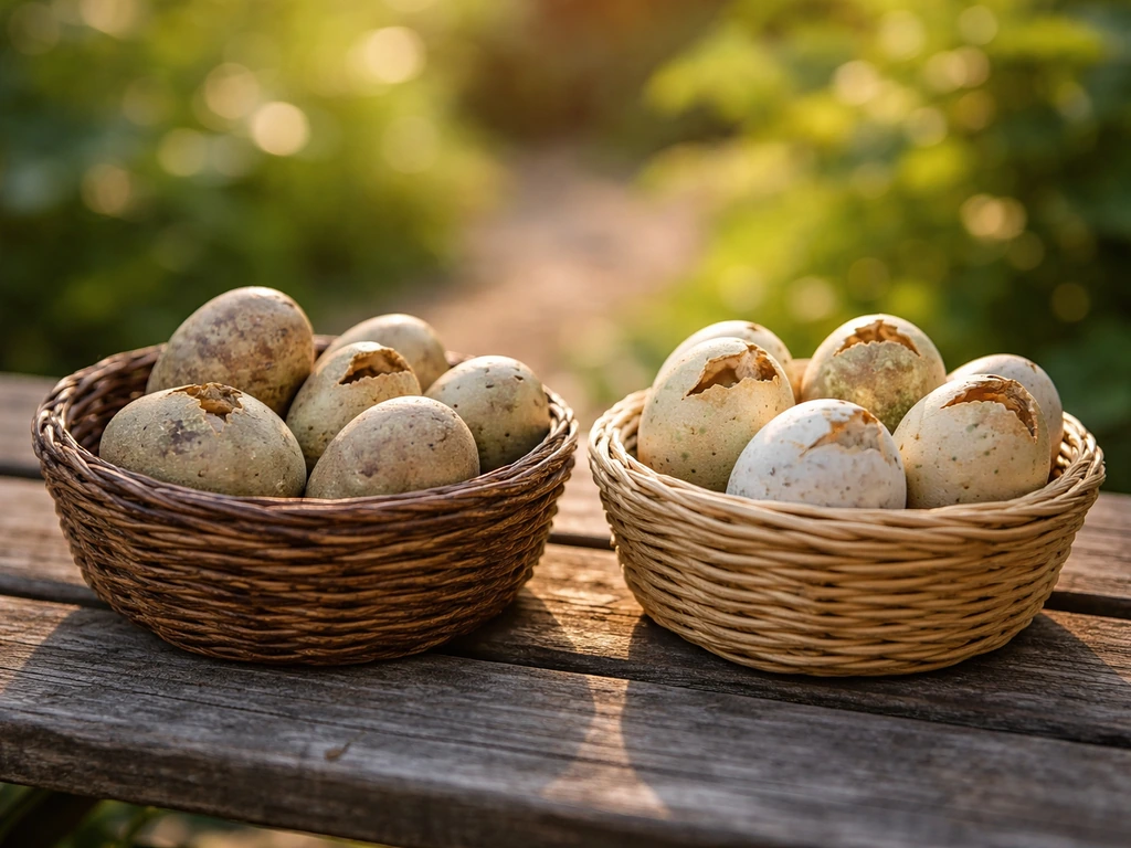 Minimal photo of two dinosaur egg baskets side by side on a wooden garden bench