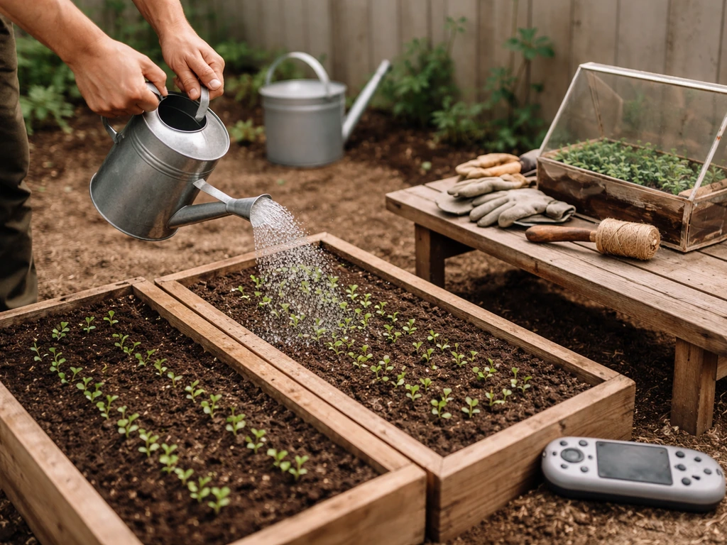 Person tending small garden beds with a labeled-gear terrarium and a simple game controller on a bench