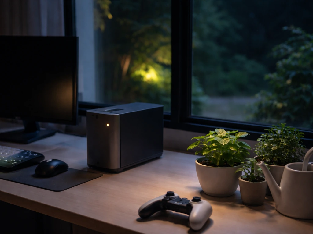 Minimal desk with PC and potted plants, nighttime garden light suggesting ongoing AFK passive optimization