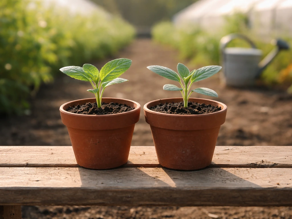 Minimal garden farm scene with two seedling varieties in labeled pots, warm light, focus on breeding concept