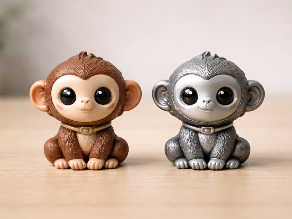 Side-by-side view of two monkey-like figurines on a simple tabletop with a soft natural light.