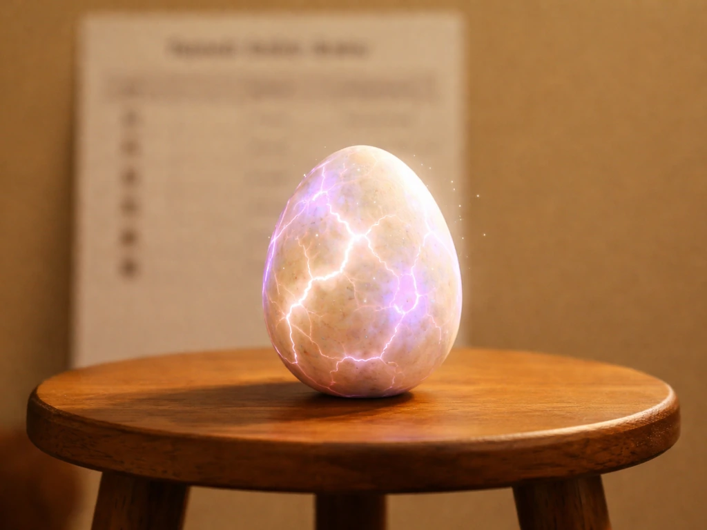 Close-up of a sealed vintage egg beside a simple hatch-odds card with a list look, no readable text.
