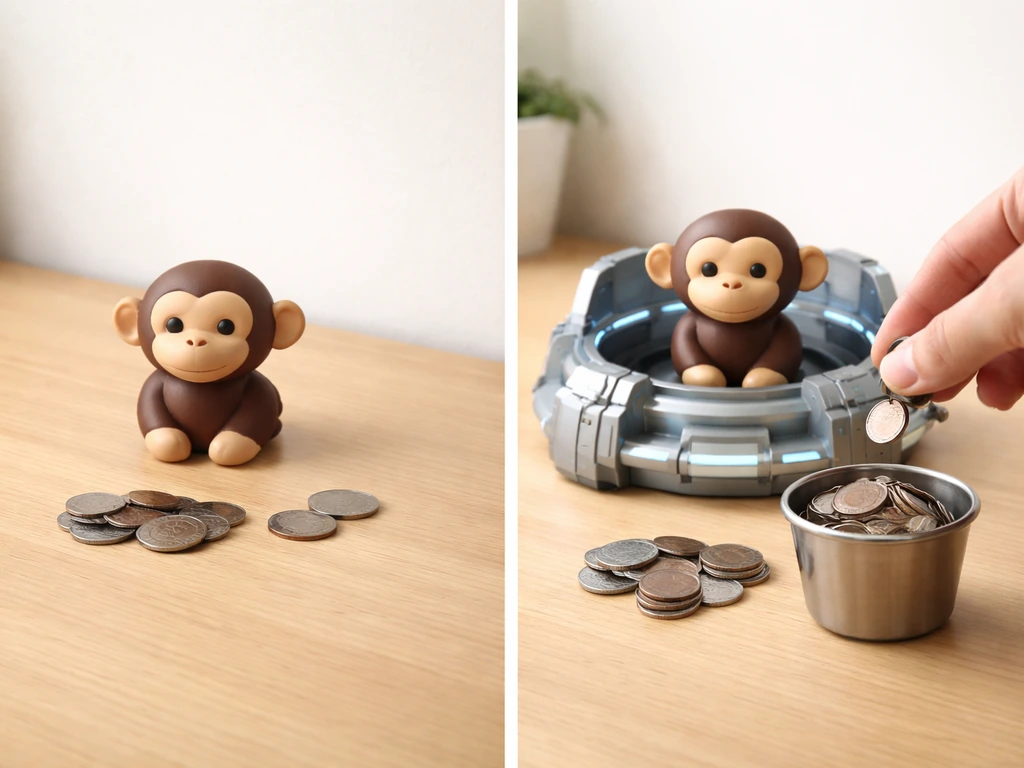 Minimal early vs mid-game setup with a coin-like reward on a desk beside a small monkey figurine