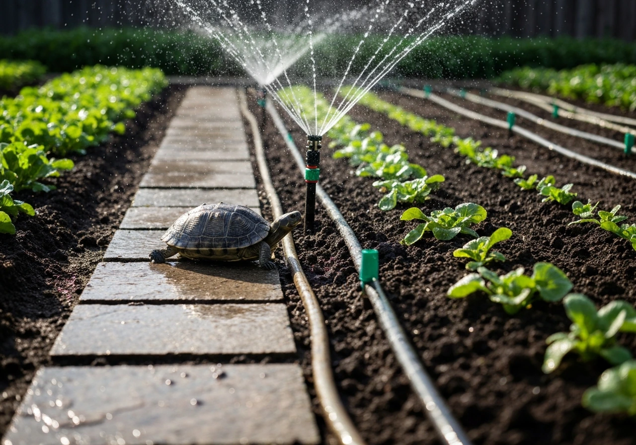 Lush backyard garden with a sprinkler system running beside a hardy turtle near watering hoses