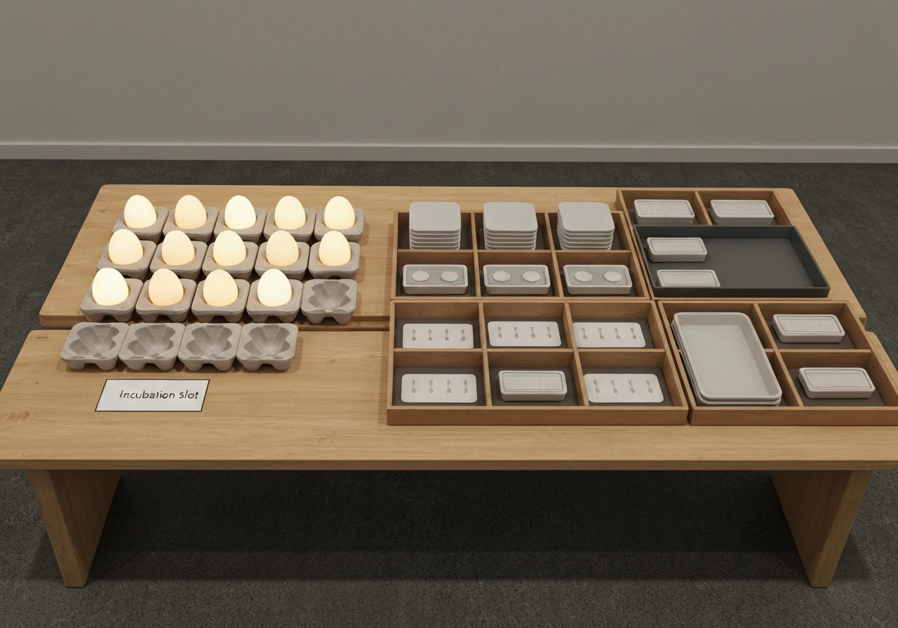 Benches set up for hatching with neatly arranged eggs and anonymous incubation items, no text or UI.