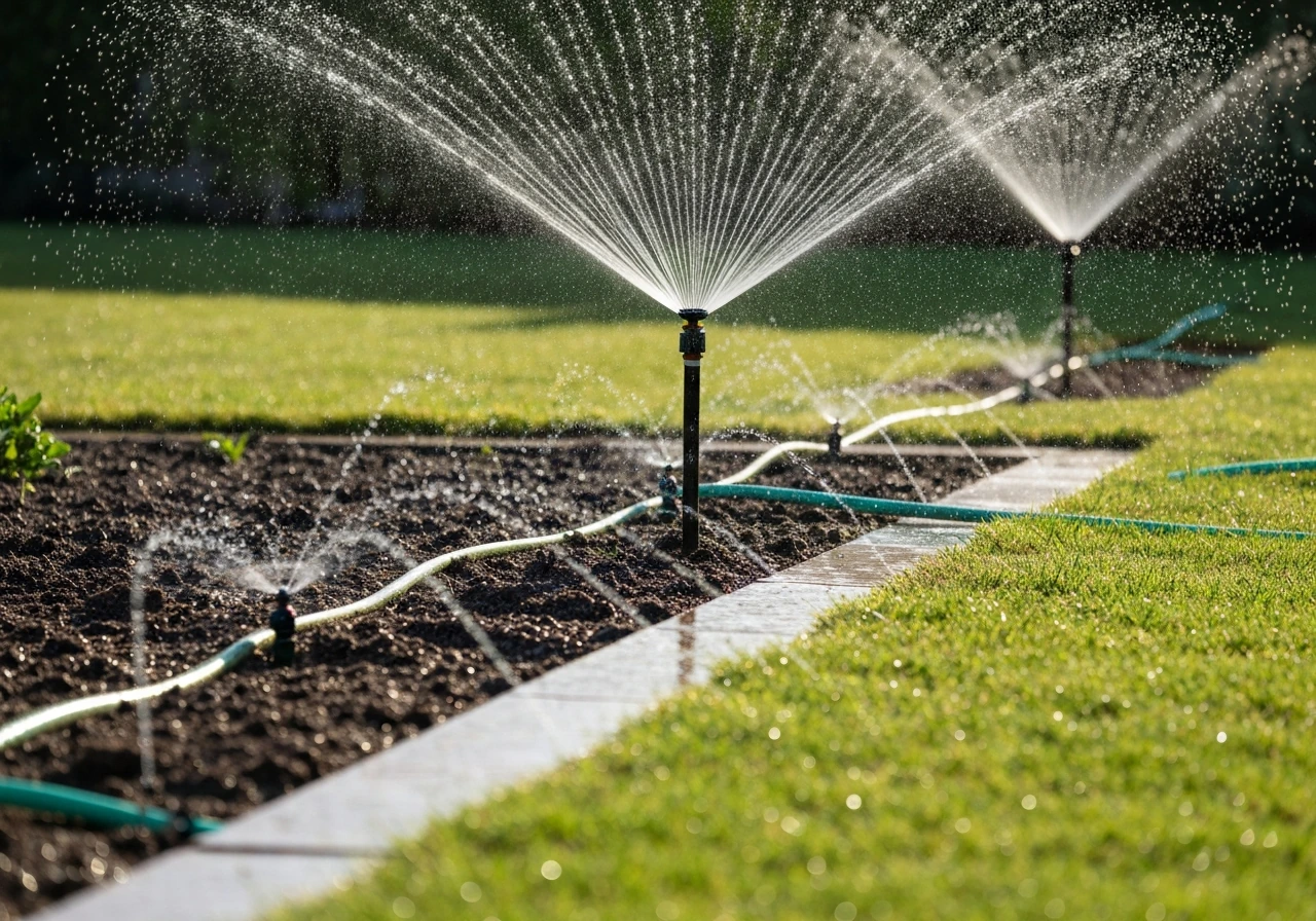 Minimal garden scene with a sprinkler system spraying over landscaped beds, showing wider coverage effect