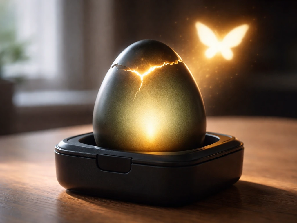 Close-up of a premium anti-bee egg on a wooden surface with subtle glow, hints of hatching and a butterfly silhouette.