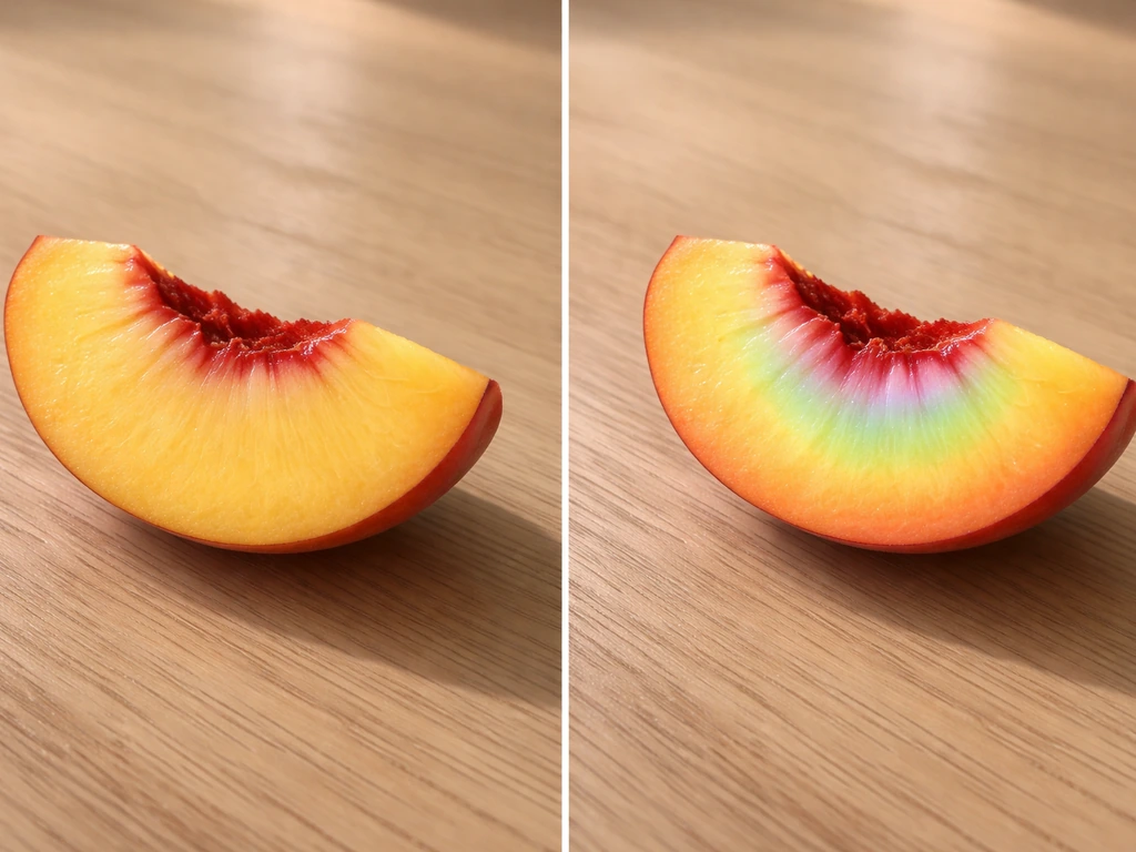 Two close-up fruit slices showing one fails to glow and the other glows after meeting a 5+ threshold.