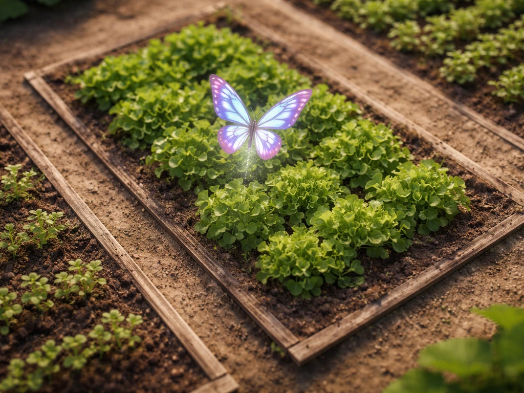 Top-down view of a butterfly pet near crop plots, with nearby untouched beds showing placement issues.