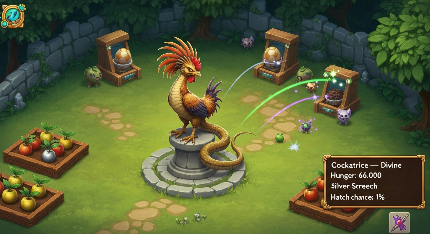 Cockatrice perched in a lush garden with crops glowing silver and gold, incubators and eggs nearby, venom projectiles arcing toward eggs and pets; small stat card overlay shows Divine rarity and key abilities.