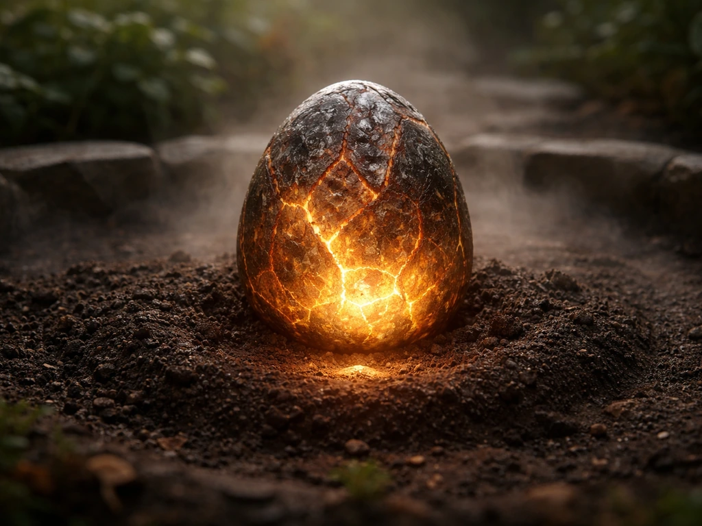 A glowing unhatched primal egg on a small incubating garden plot with misty warm light.